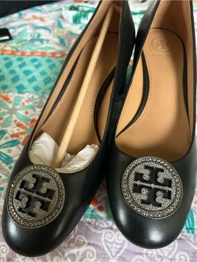 Tory Burch Black Leather heels with Crystal Logo Medallion. NEW!